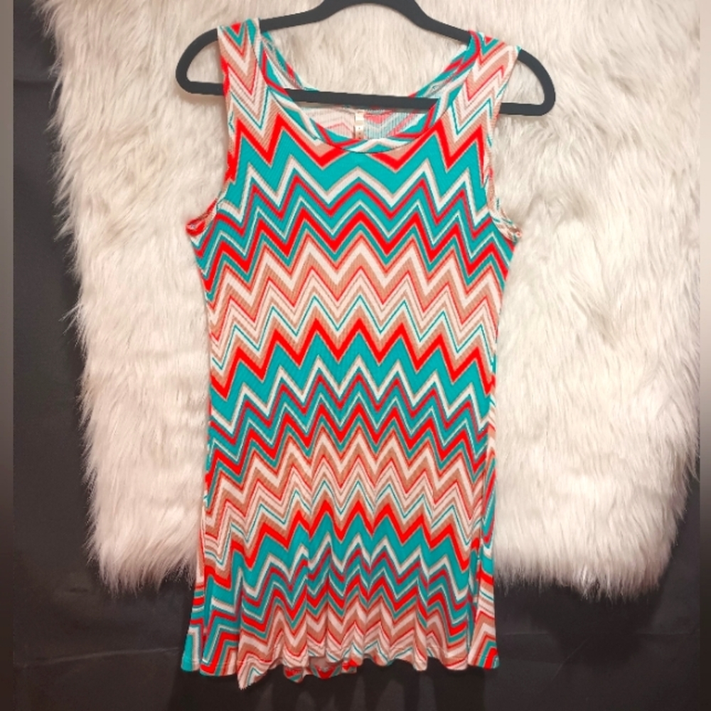Pastels Blue Red Tan and White Chevron Sleeveless Dress Size L